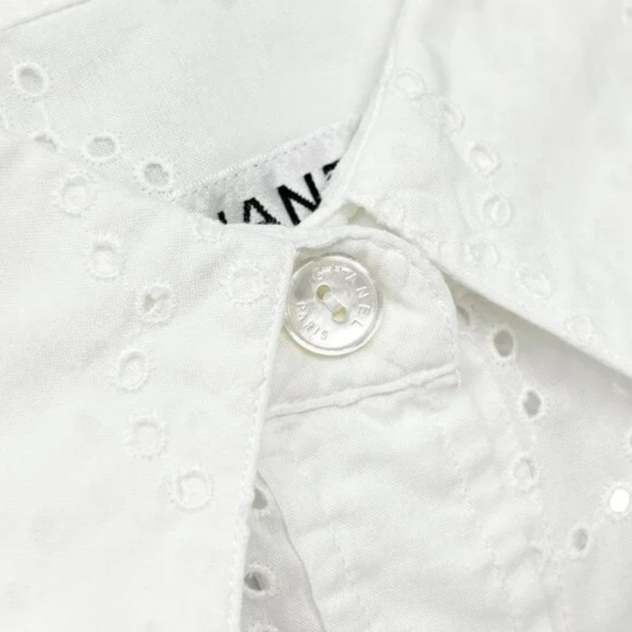 CHANEL Vintage 08P CC Logo Mark Camellia Blouse Shirt #36 Top White Cotton