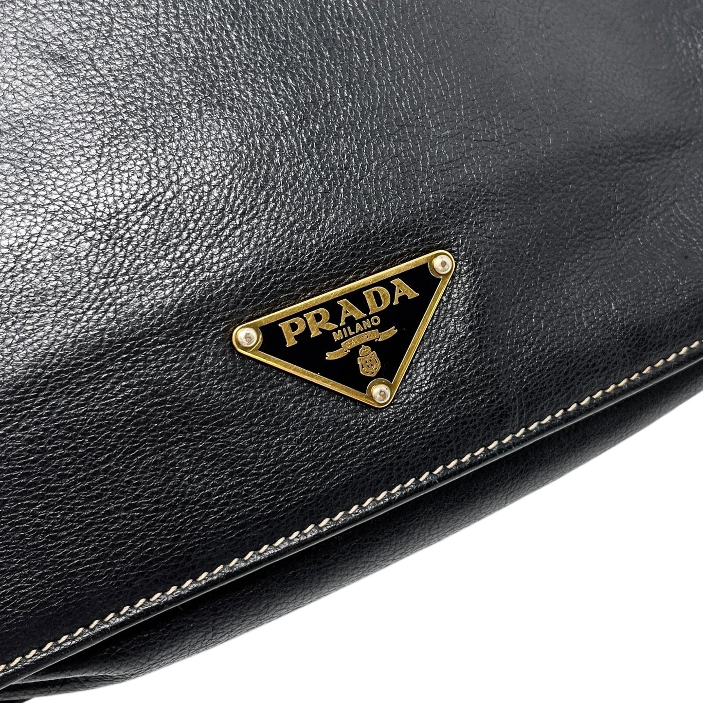 PRADA Vintage Logo Shoulder Bag Square Stitch Magnetic Black Gold Leather