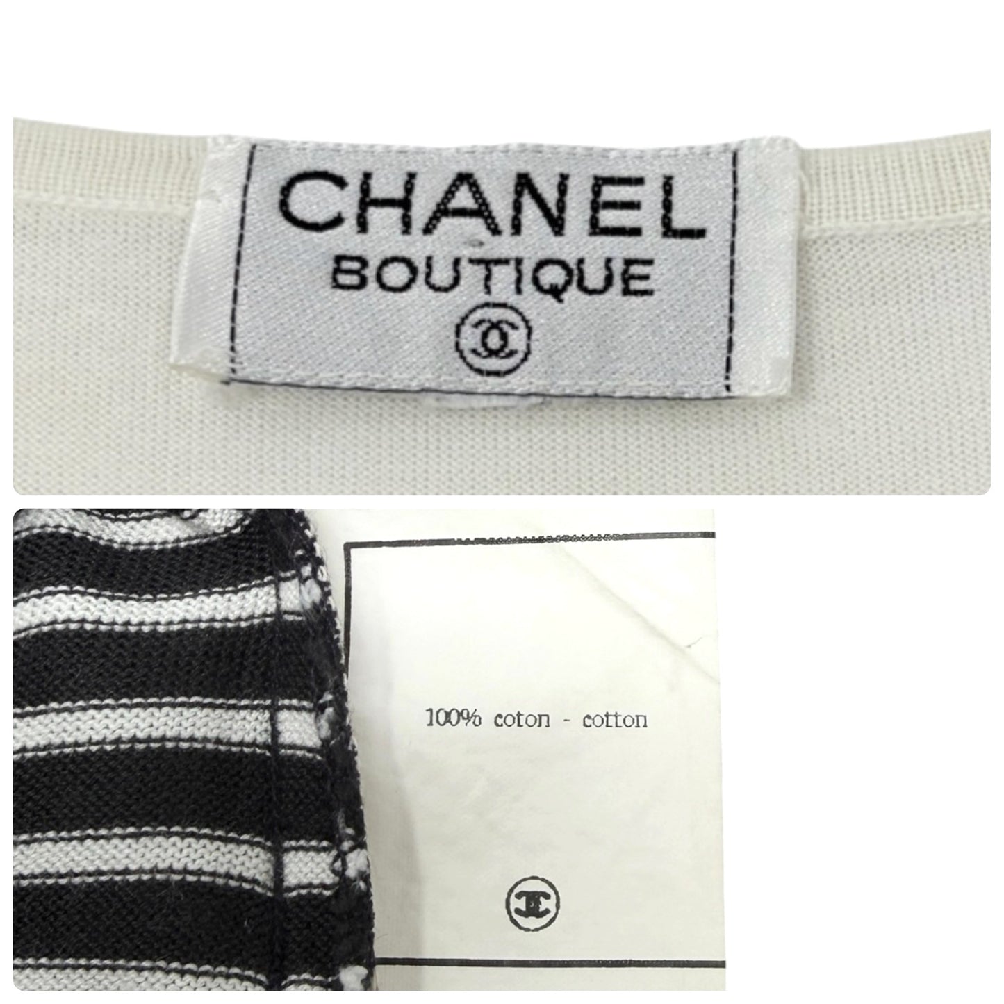 CHANEL Vintage CC Striped Sleeveless Tank Top #M White Black Cotton 902263