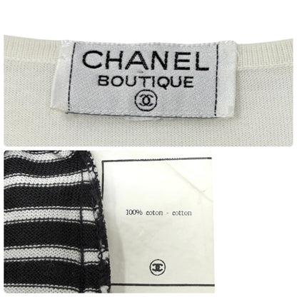 CHANEL Vintage CC Striped Sleeveless Tank Top #M White Black Cotton 902263