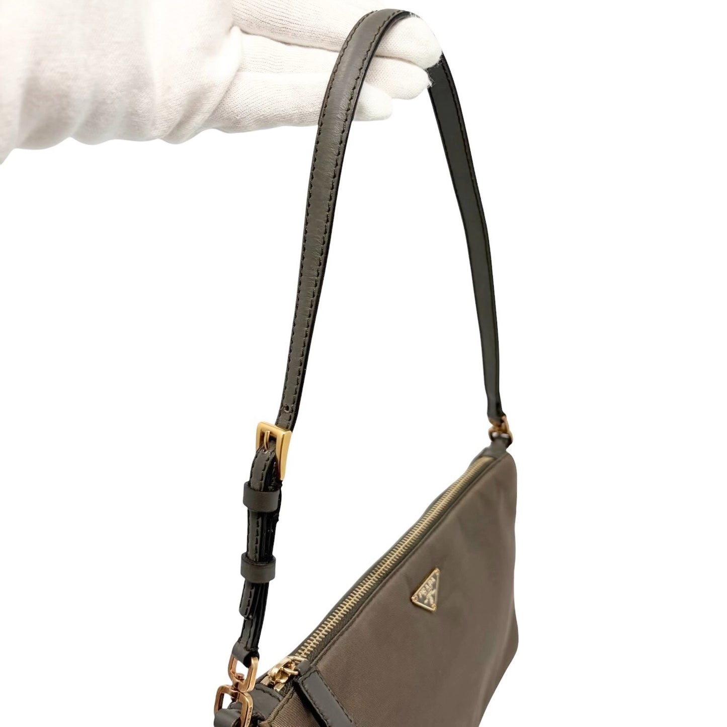 PRADA Vintage Logo Mini Shoulder Bag Pochette Pouch Taupe Gold Nylon 902436