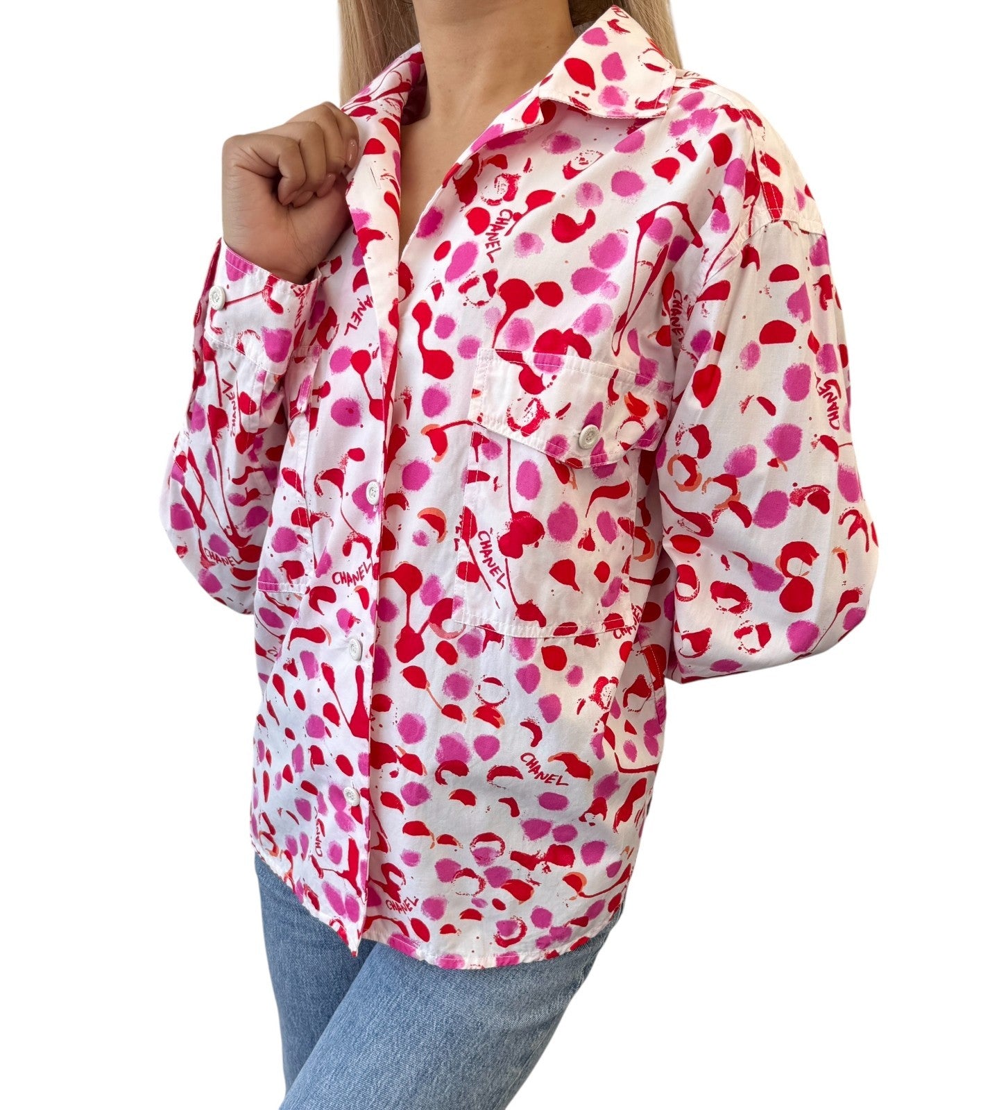 CHANEL Vintage PO6048 CC Logo Button Up Shirt Blouse Top #38 White Pink Cotton