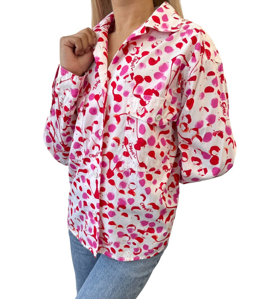 CHANEL Vintage PO6048 CC Logo Button Up Shirt Blouse Top #38 White Pink Cotton