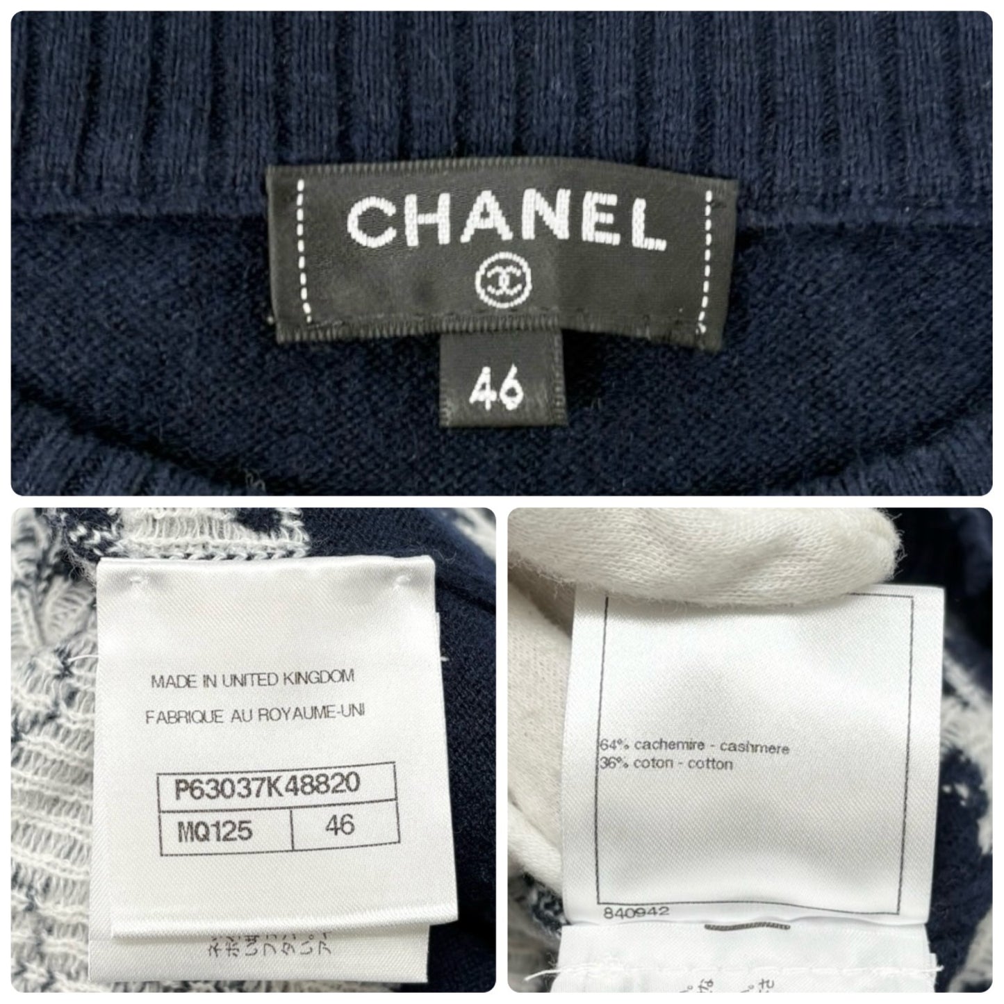 CHANEL Vintage P63037 CC Logo Cashmere Knit Sweater Top #46 Dark Blue Clover