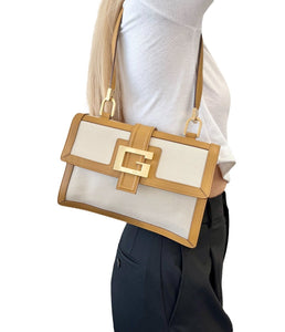 GUCCI Vintage G Square Logo Shoulder Bag Cream Camel Gold Canvas Leather