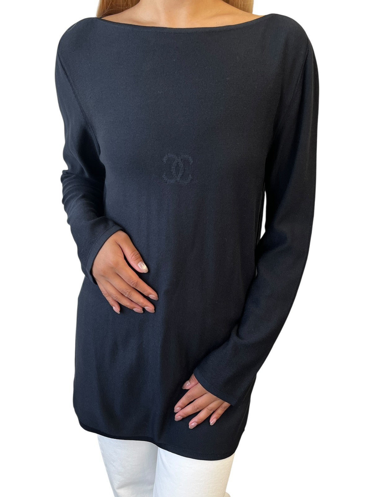 CHANEL Vintage 98P CC Mark Logo Silk Knit Long-sleeve Top #38 Black T-shirt