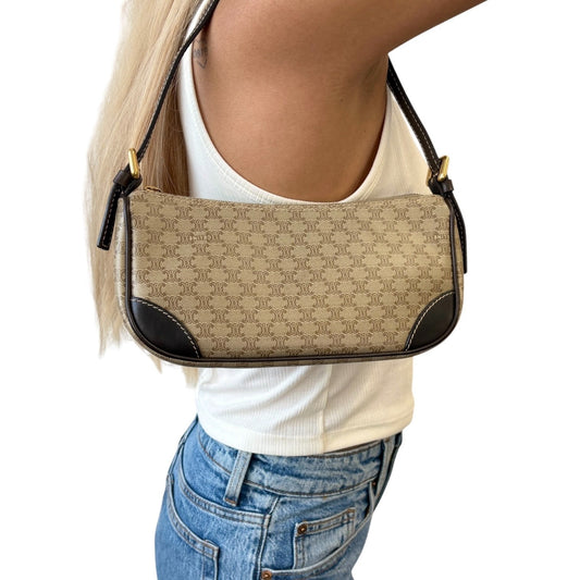 CELINE Vintage Macadam Monogram Shoulder Bag Pochette Beige Brown PVC 902573