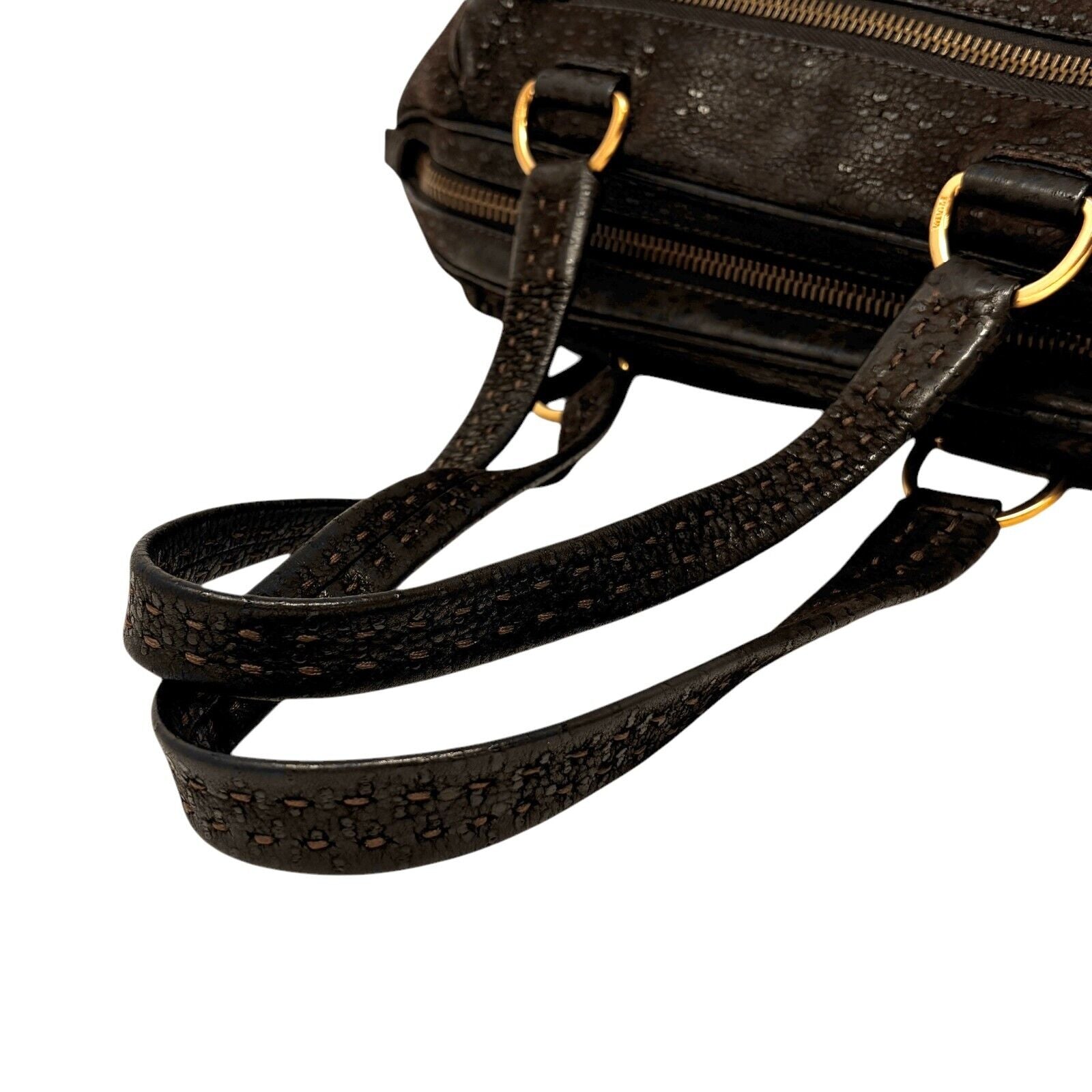 PRADA Vintage Logo Shoulder Bag Tote Bag Stitch Pocket Brown Gold Leather