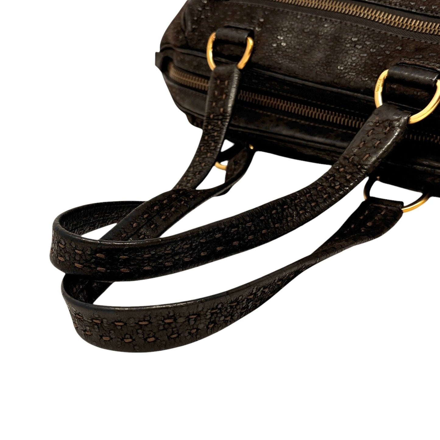 PRADA Vintage Logo Shoulder Bag Tote Bag Stitch Pocket Brown Gold Leather