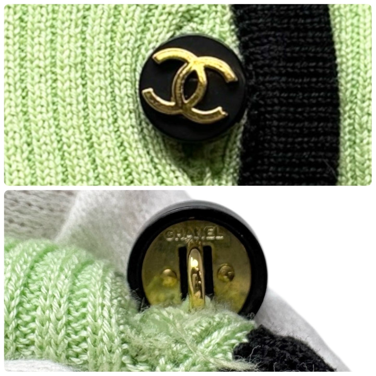 CHANEL Vintage 95P CC Logo Button Knit Cropped Ribbed T-shirt #38 Green Cotton