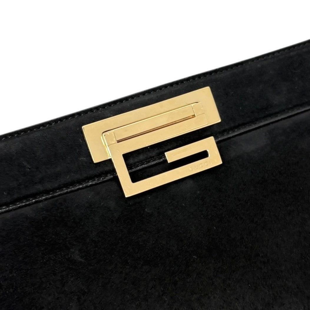 GUCCI Vintage G Square Logo Shoulder Bag Handbag Black Gold Suede Leather 902582
