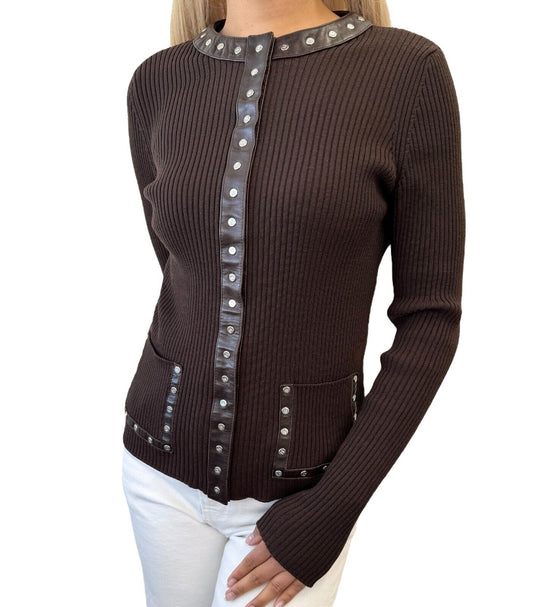CELINE Vintage Macadam Logo Rib Knit Cardigan #M Snap Button Brown Wool Leather