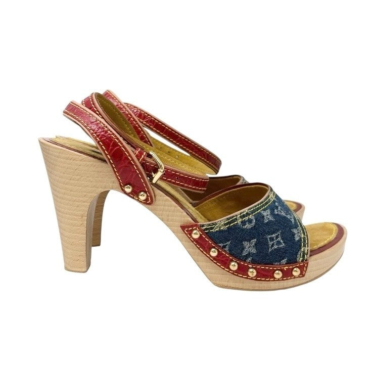 LOUIS VUITTON Vintage Logo Monogram Sandals Heels #36.5 Blue Red Leather
