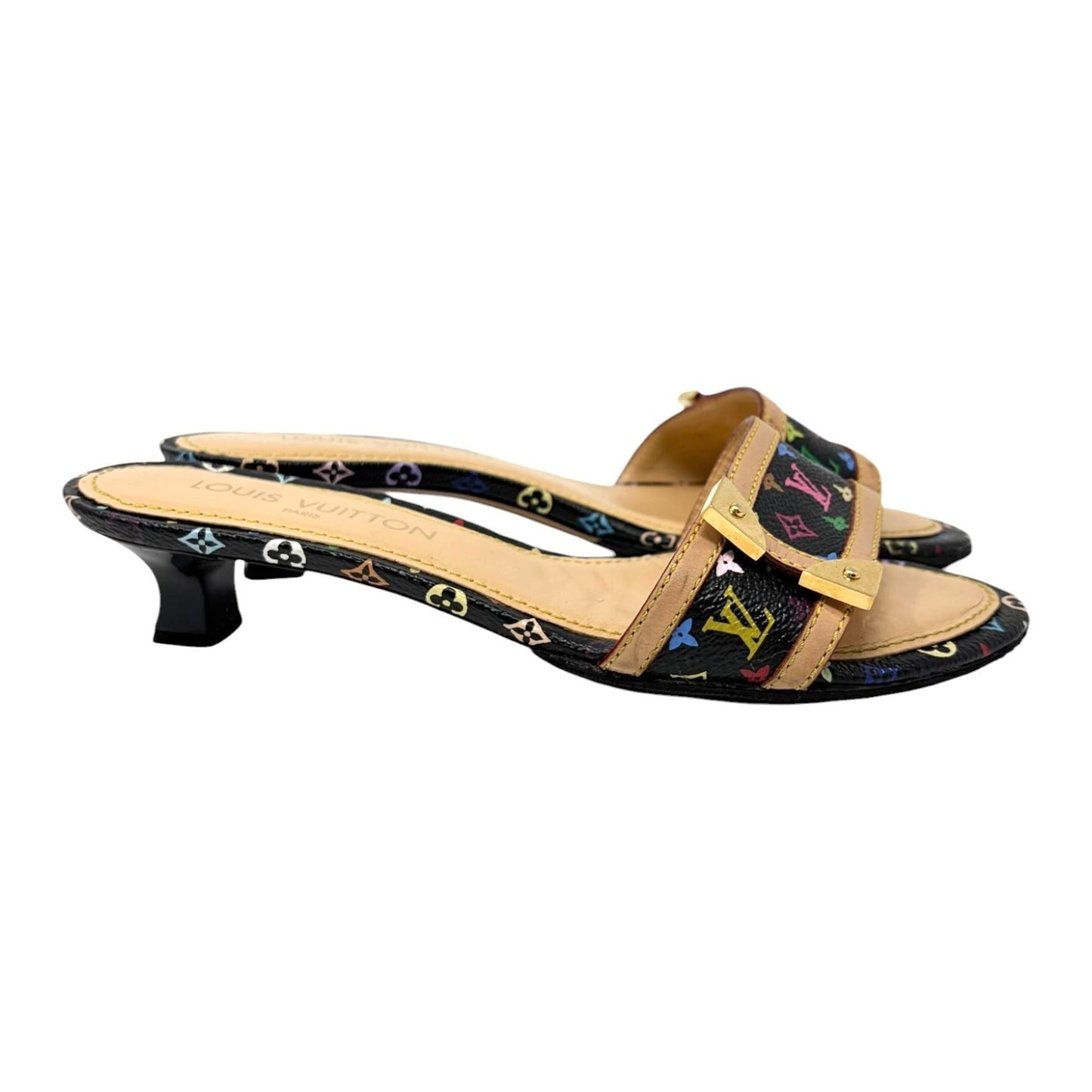 LOUIS VUITTON Vintage Monogram Multicolor Sandals Heels #37.5 Black Beige