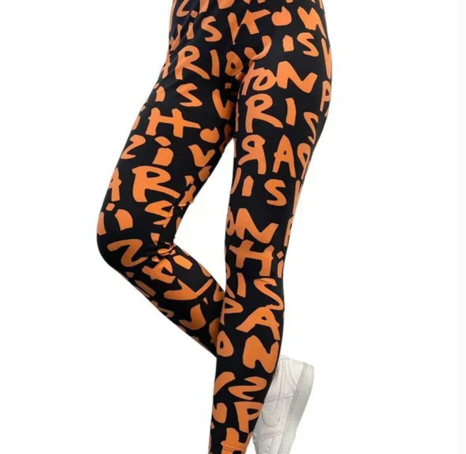 LOUIS VUITTON Vintage Graffiti Leggings #34 Pants Black Orange Nylon