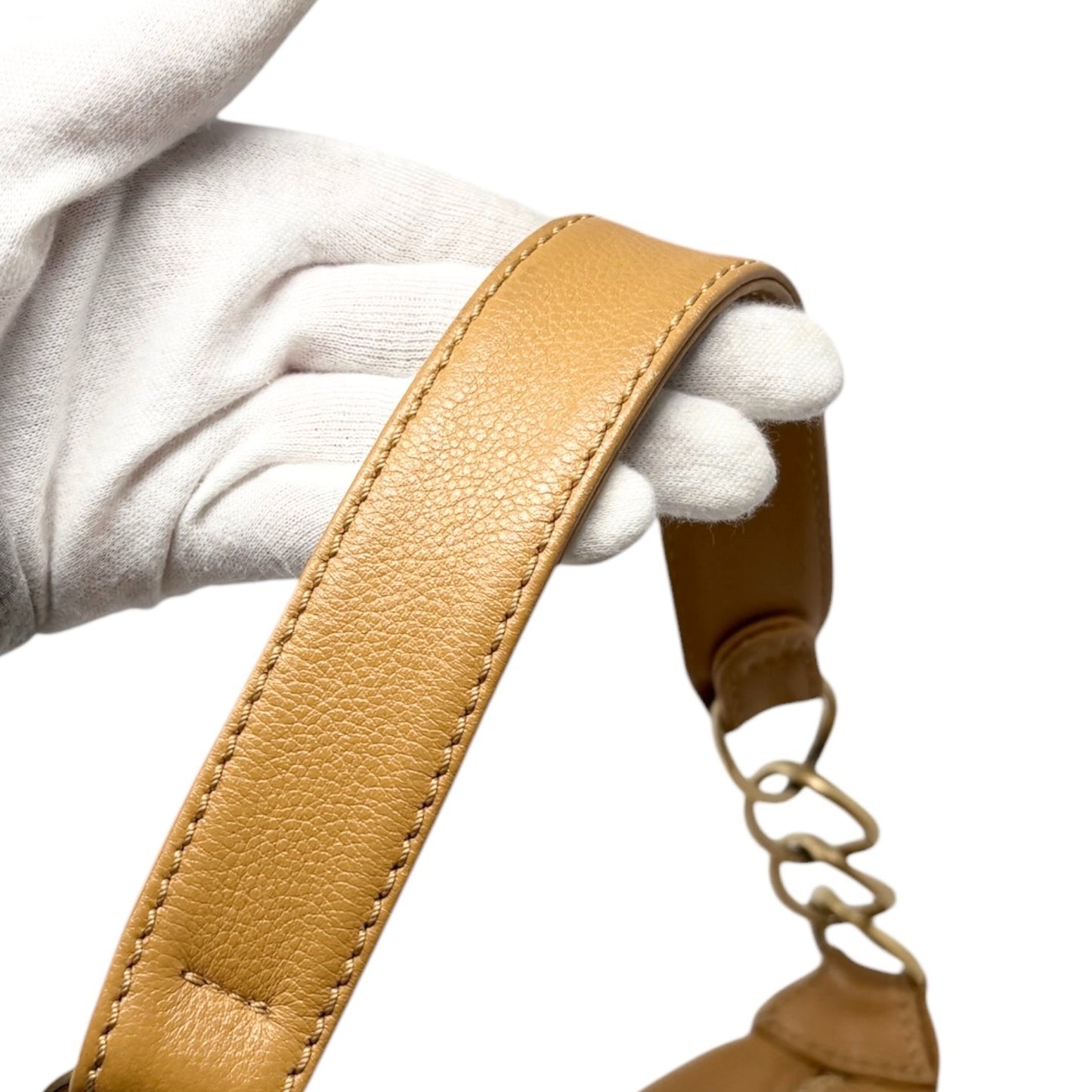 CHANEL Vintage Big CC Logo Leather Shoulder Hobo Bag Beige Gold Stitch Chain