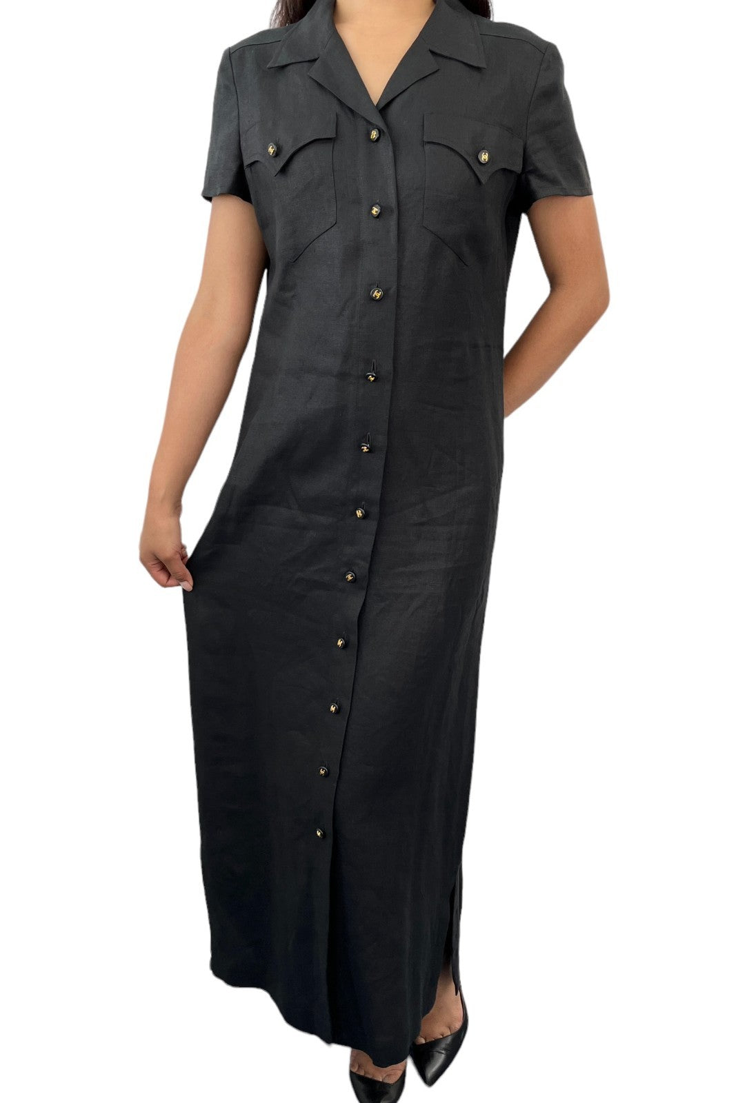 CHANEL Vintage 97P CC Logo Button Linen Shirt Dress One-piece #42 Black