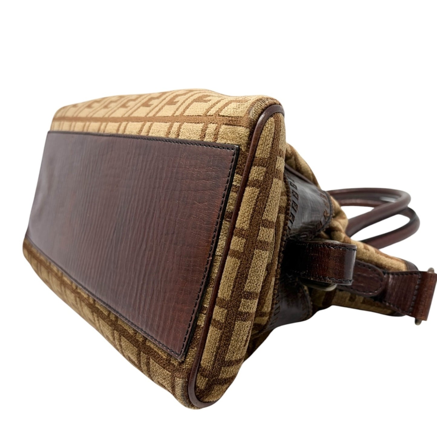 FENDI Vintage FF Logo Zucca Etniko Shoulder Bag Brown Gold Velour Leather