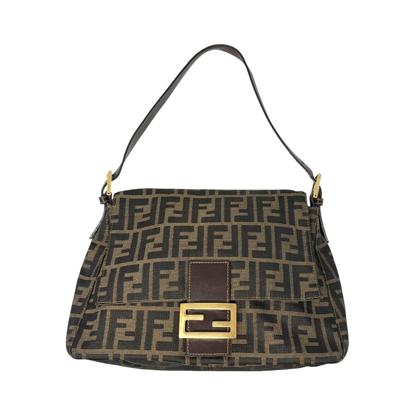 FENDI Vintage FF Zucca Mamma Baguette Shoulder Bag Canvas Brown Gold 901857