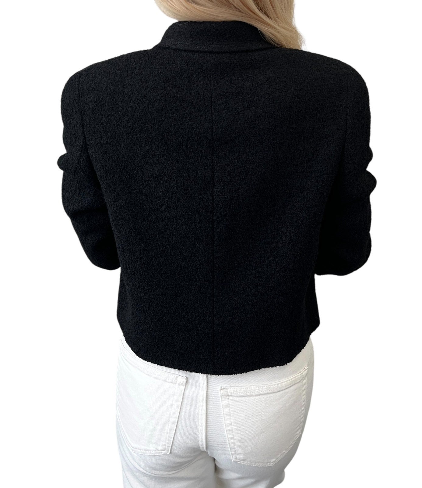 CHANEL Vintage 96P CC Logo Button Cropped Blazer Jacket #38 Black Silver