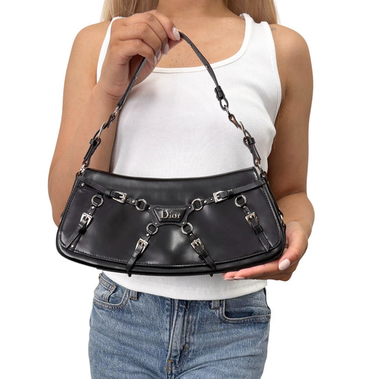 Christian Dior Vintage Logo 2003 Bondage Shoulder Bag Black Silver 901852