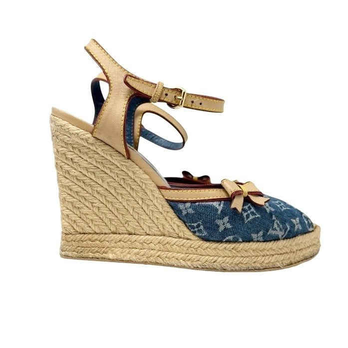 LOUIS VUITTON Vintage Logo Monogram Sandals Heels #36.5 Blue Beige Denim
