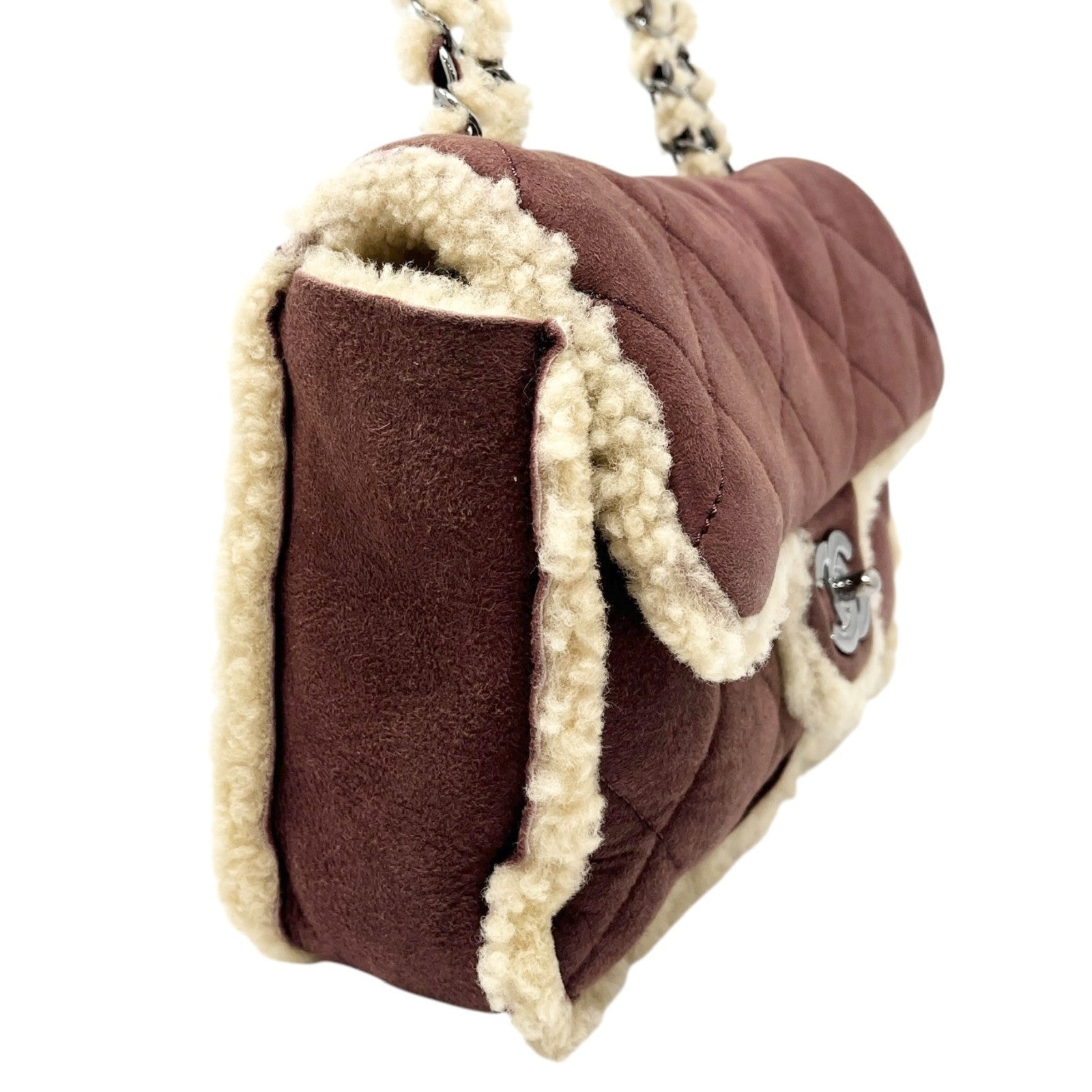 CHANEL Vintage CC Logo Mouton Matelasse Shoulder Bag Chain Brown Beige Suede