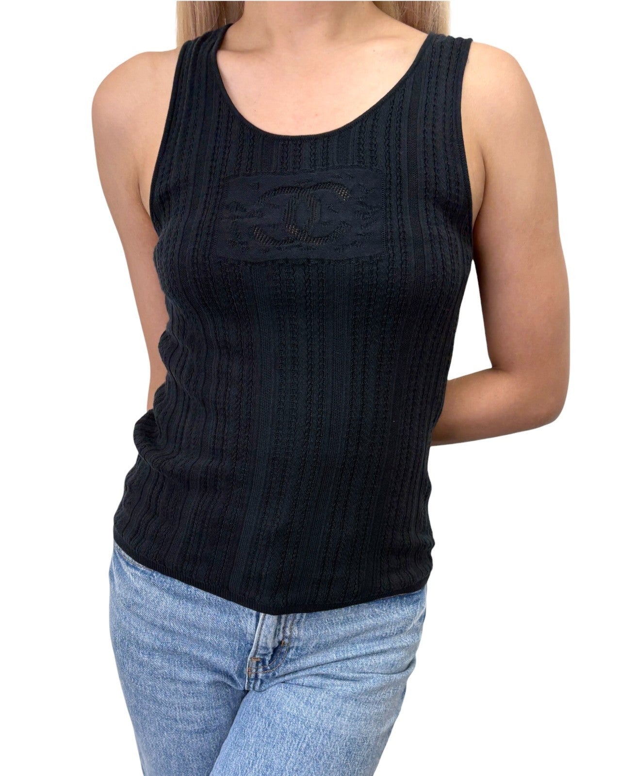 CHANEL Vintage 01P CC Logo Mesh Rib Knit Tank Top #38 Black Cotton 902425