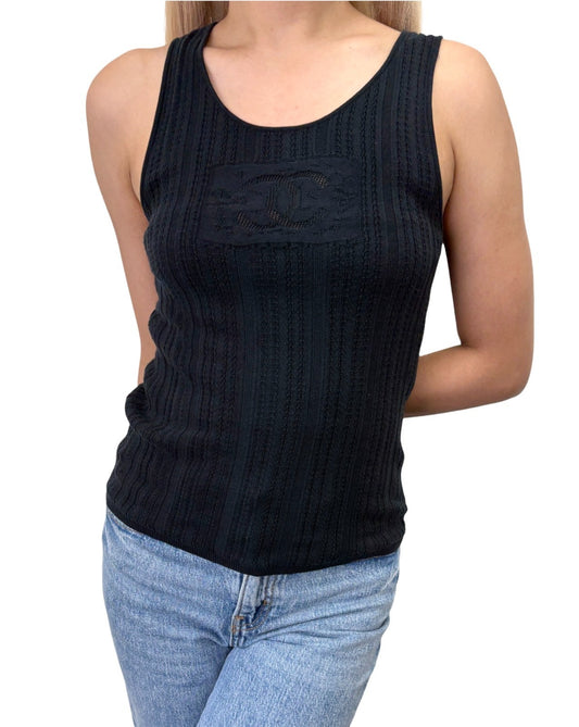 CHANEL Vintage 01P CC Logo Mesh Rib Knit Tank Top #38 Black Cotton 902425