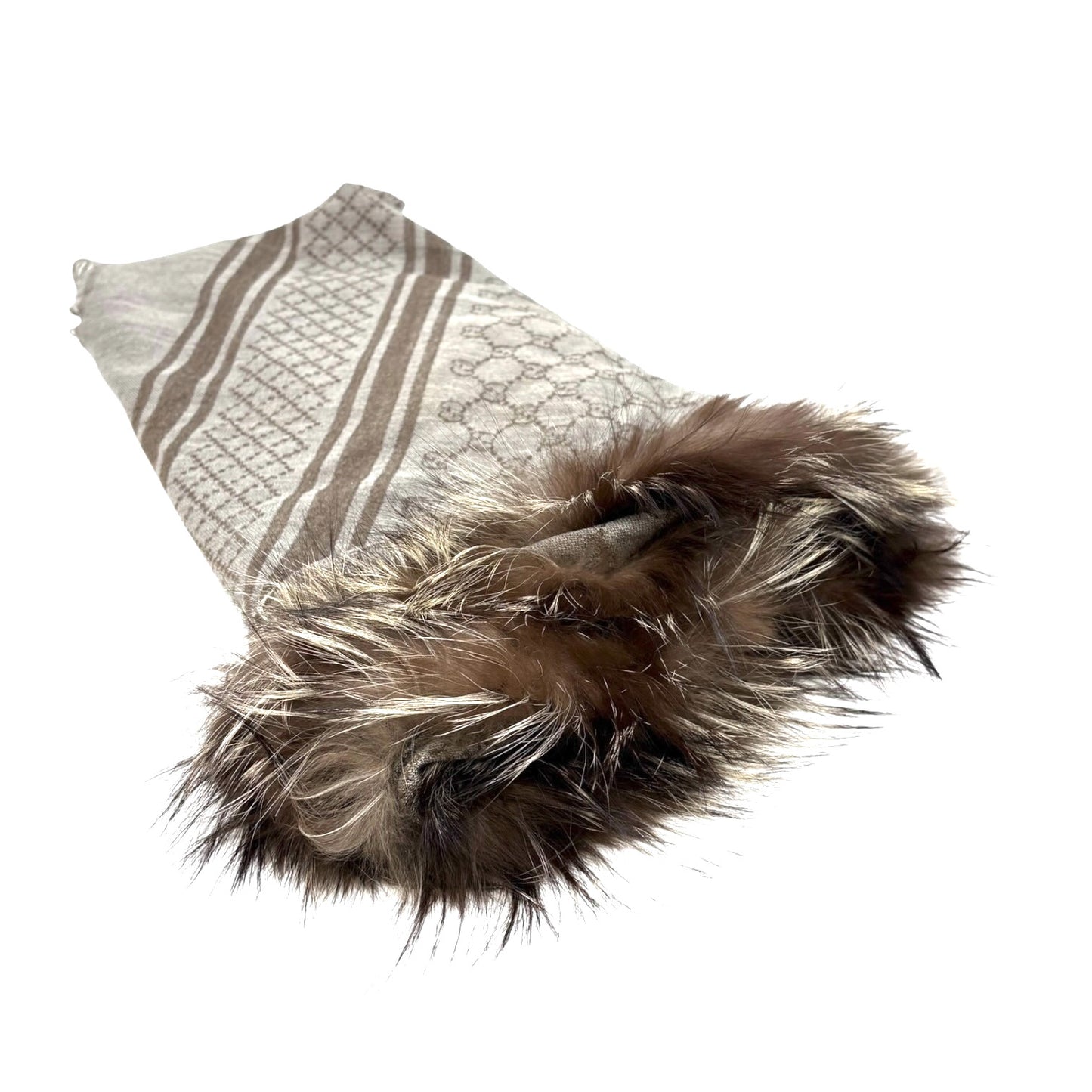 GUCCI Vintage GG Logo Monogram Fox Fur Shawl Scarf Wrap Gray Brown Wool