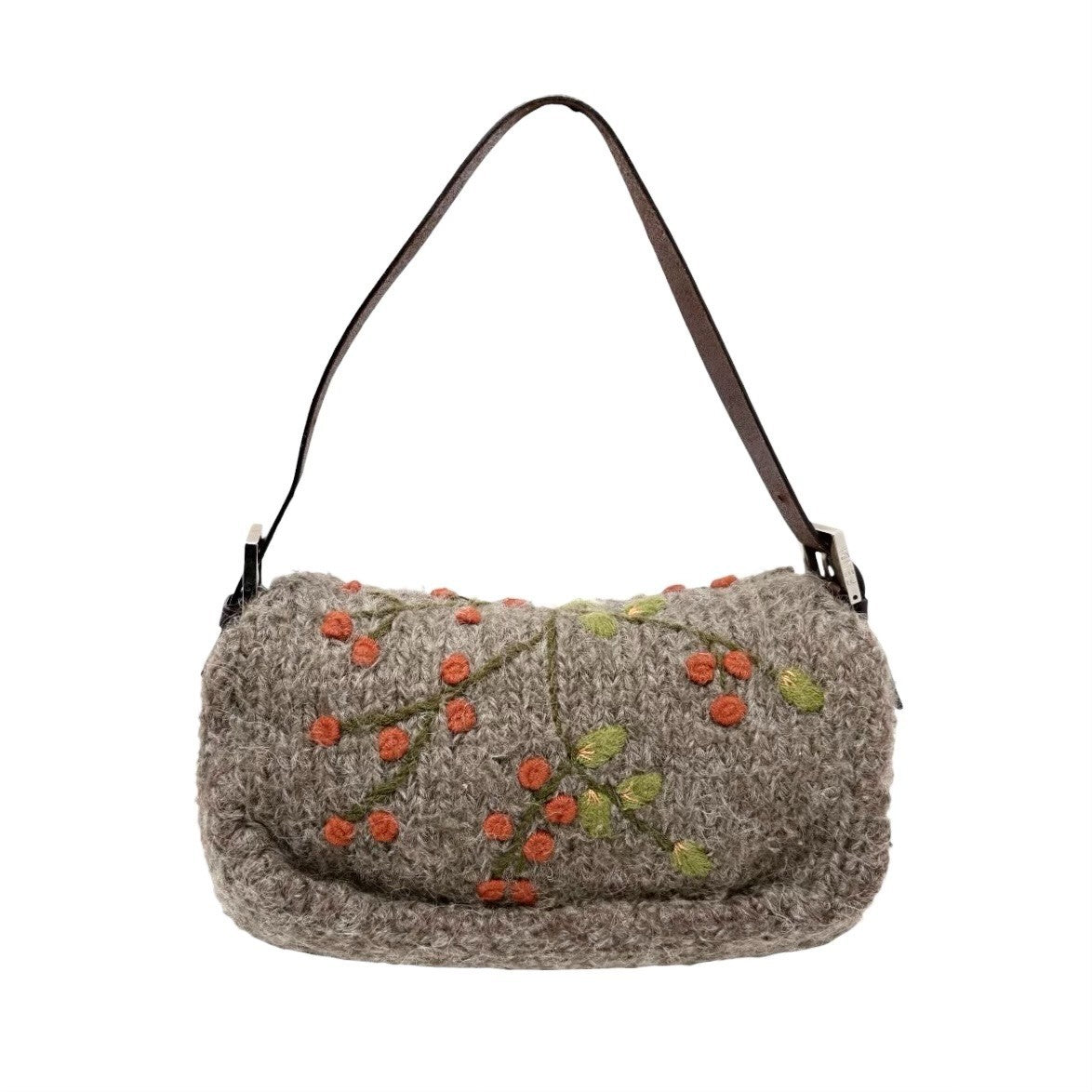 FENDI Vintage FF Mamma Baguette Wool Knit Shoulder Bag Gray Brown Flower