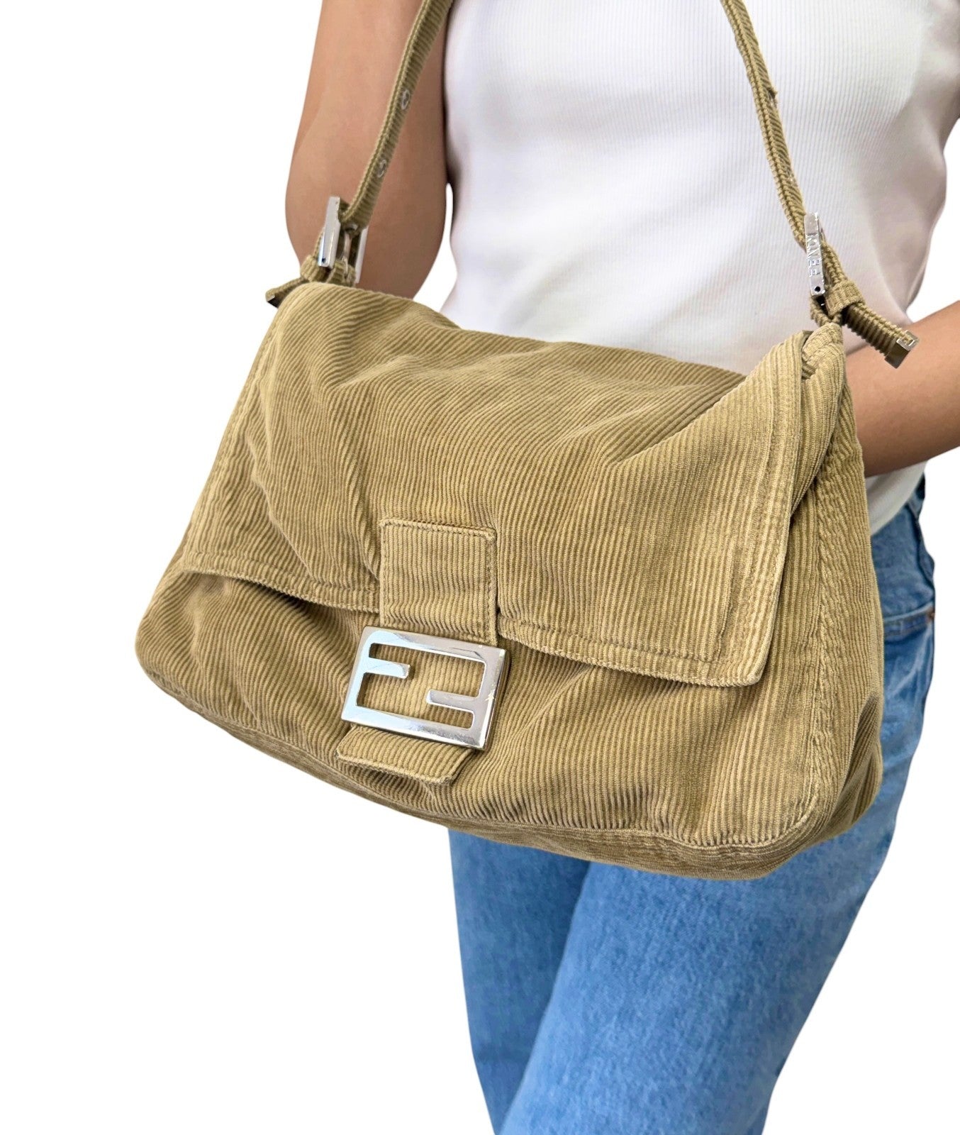 FENDI Vintage FF Logo Corduroy Mamma Baguette Shoulder Bag Light Brown 902415