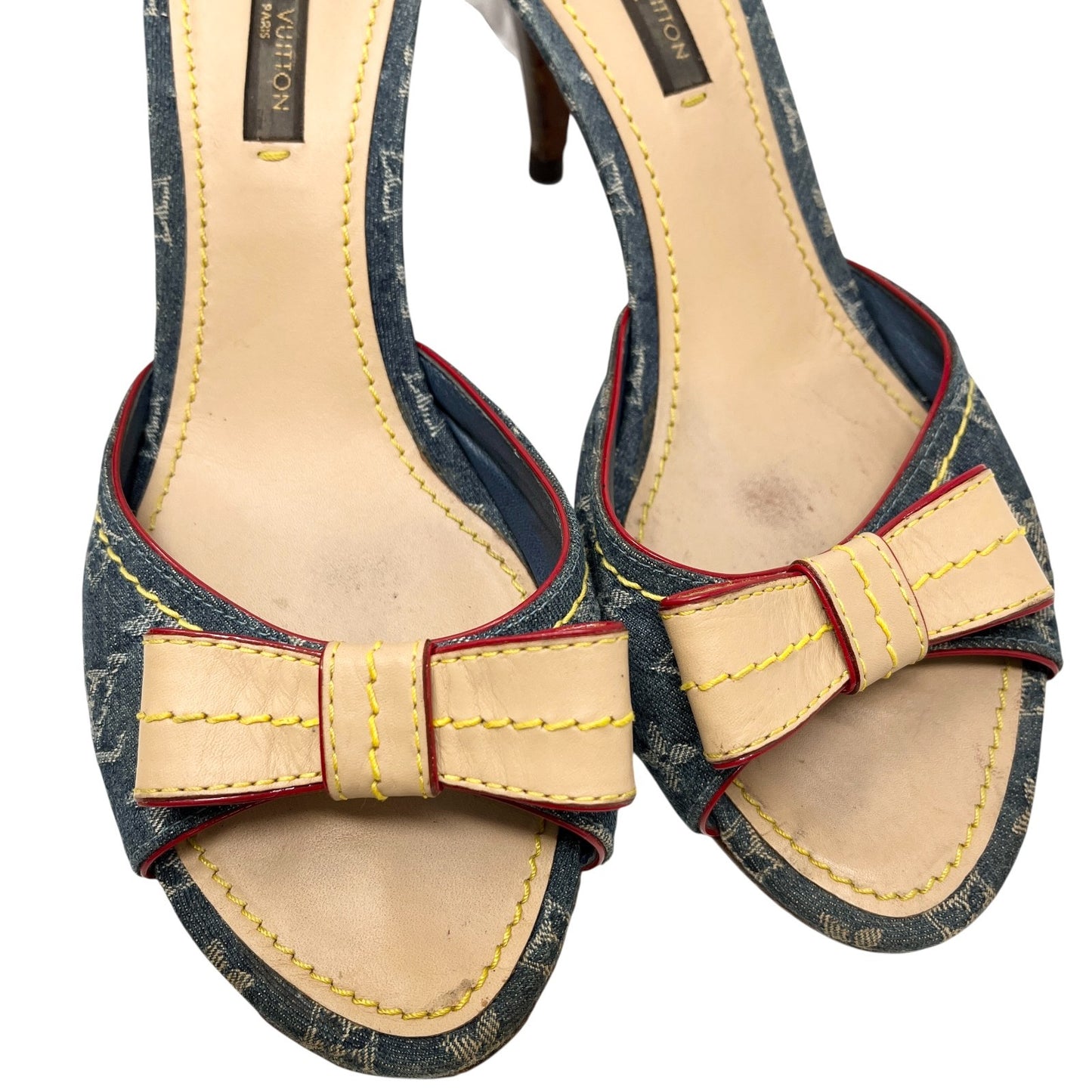 LOUIS VUITTON Vintage LV Monogram Logo Denim Sandals Heels #35.5-36 Blue Beige