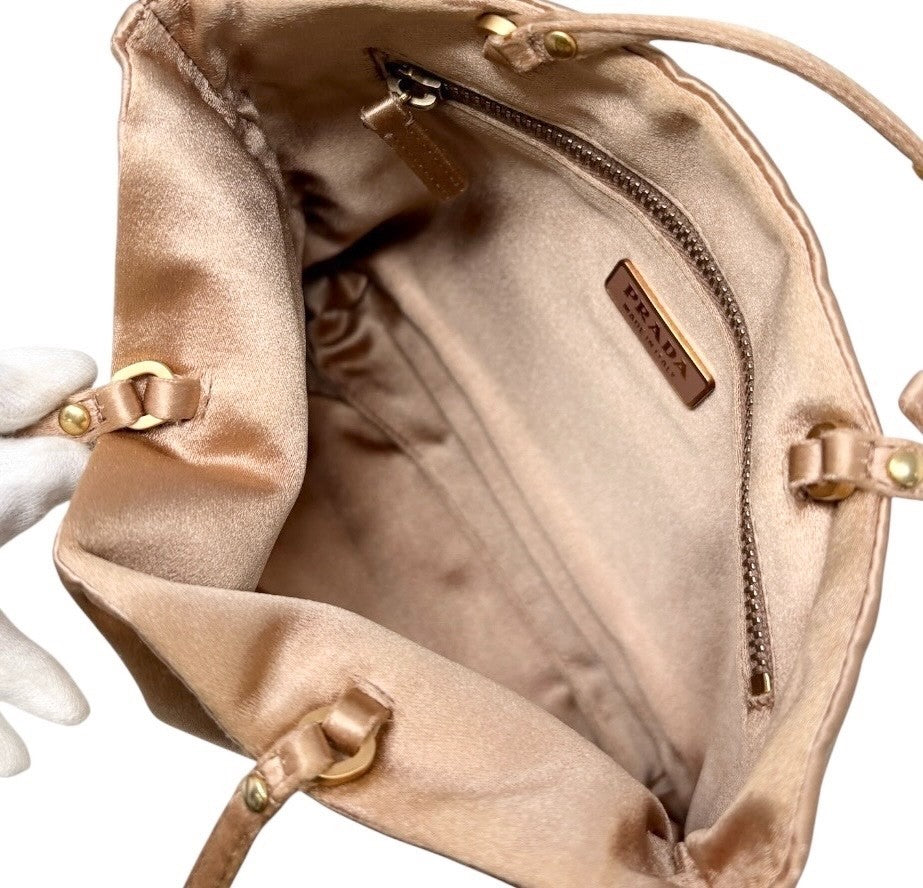 PRADA Vintage Triangle Logo Mini Tote Bag HandBag Pochette Beige Gold Satin
