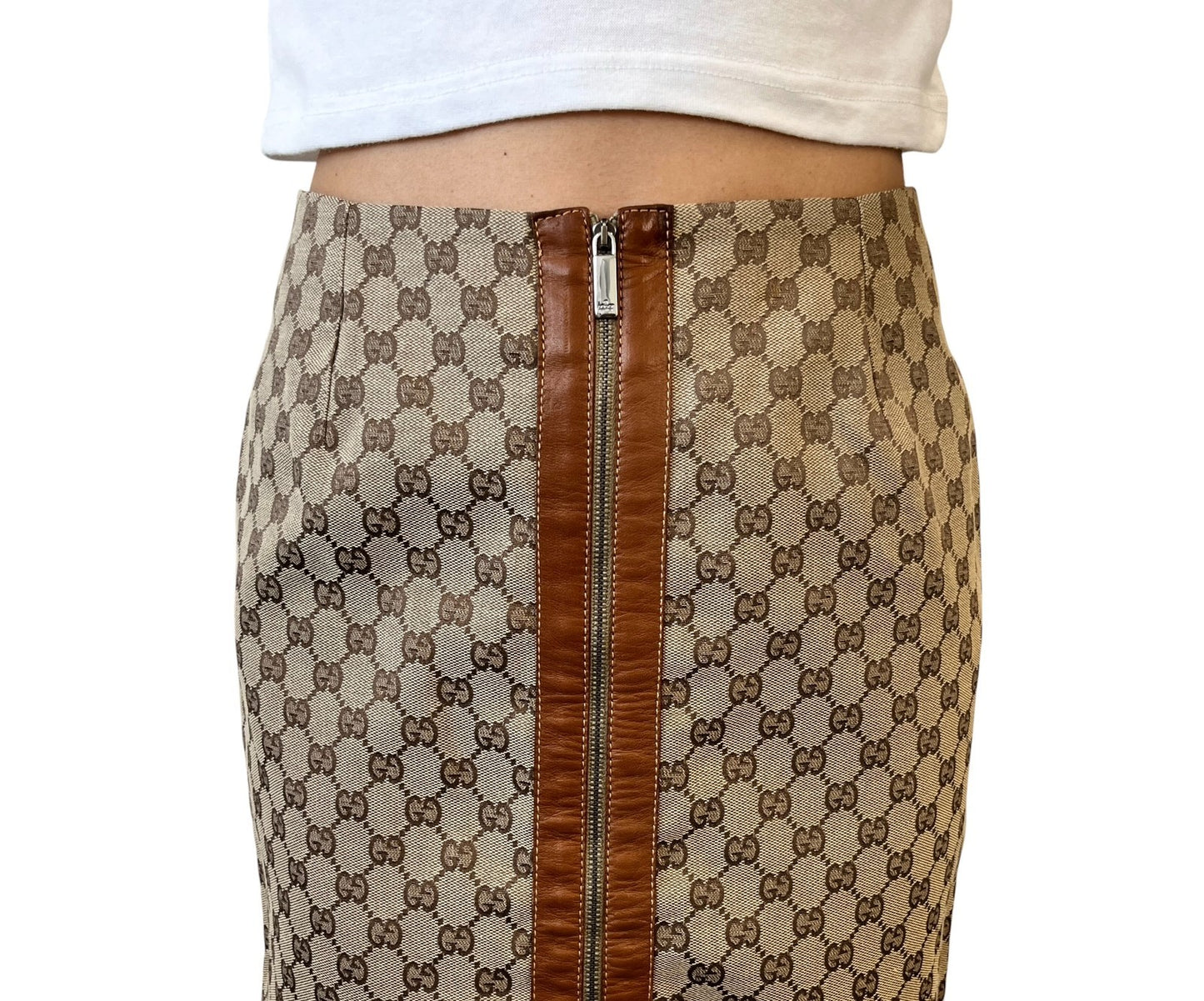 GUCCI Vintage GG Monogram Zip Knee Length Skirt #38 Beige Canvas Leather 902232