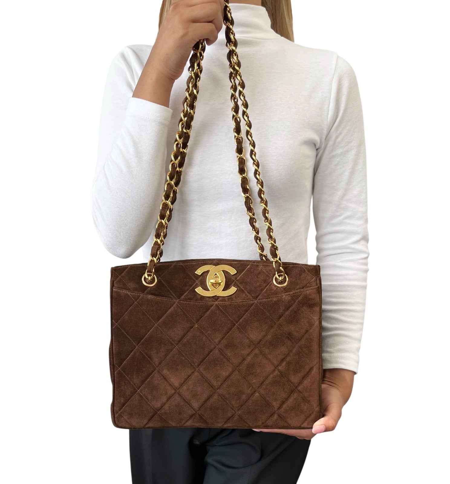 CHANEL Vintage CC Logo Matelasse Chain Shoulder Bag Turnlock Brown Gold Suede