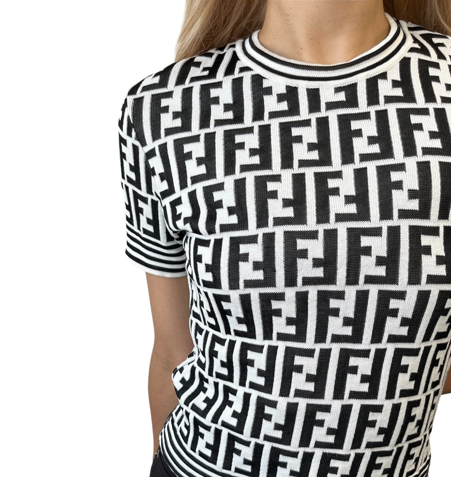 FENDI Vintage Zucca Knit Top T-shirt #40 White Black Monogram Short Sleeve