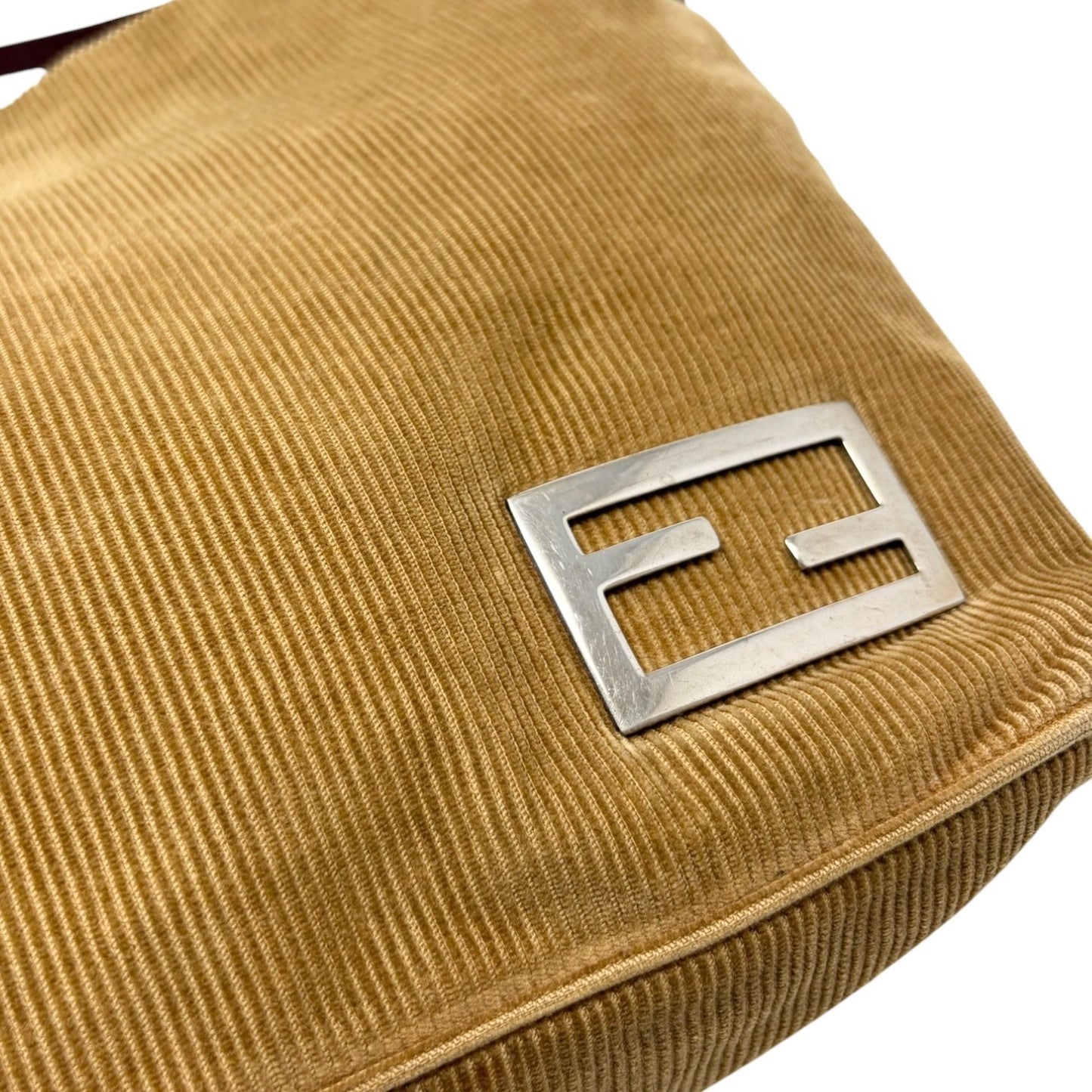 FENDI Vintage FF Logo Corduroy Pochette Shoulder Bag Beige Silver Brown 901847