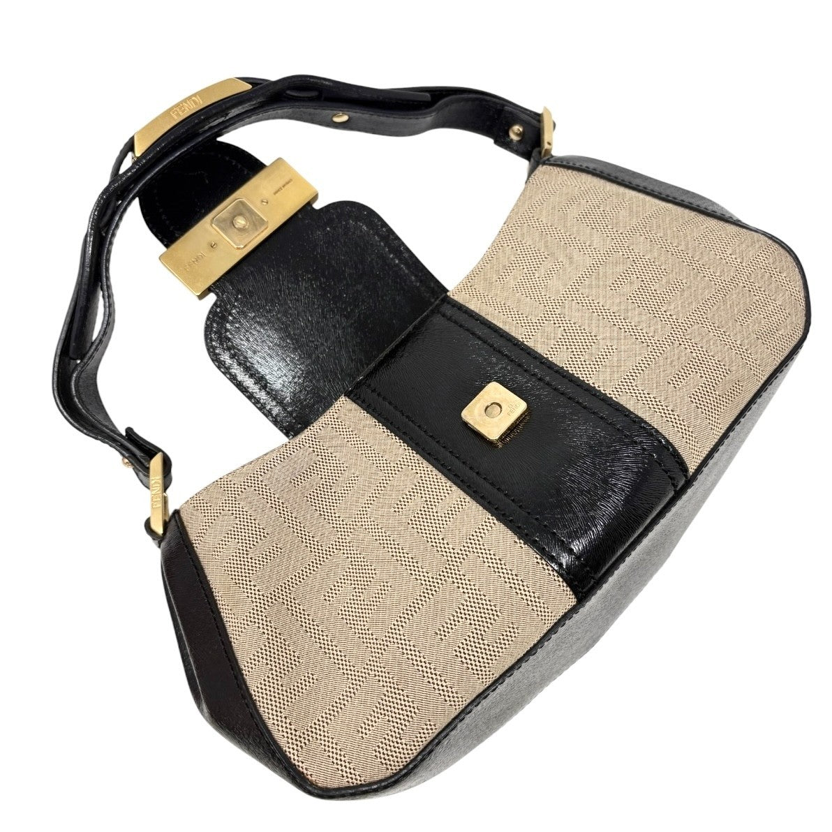 FENDI Vintage FF Logo Zucca Monogram Shoulder Bag Beige Black Canvas 902308