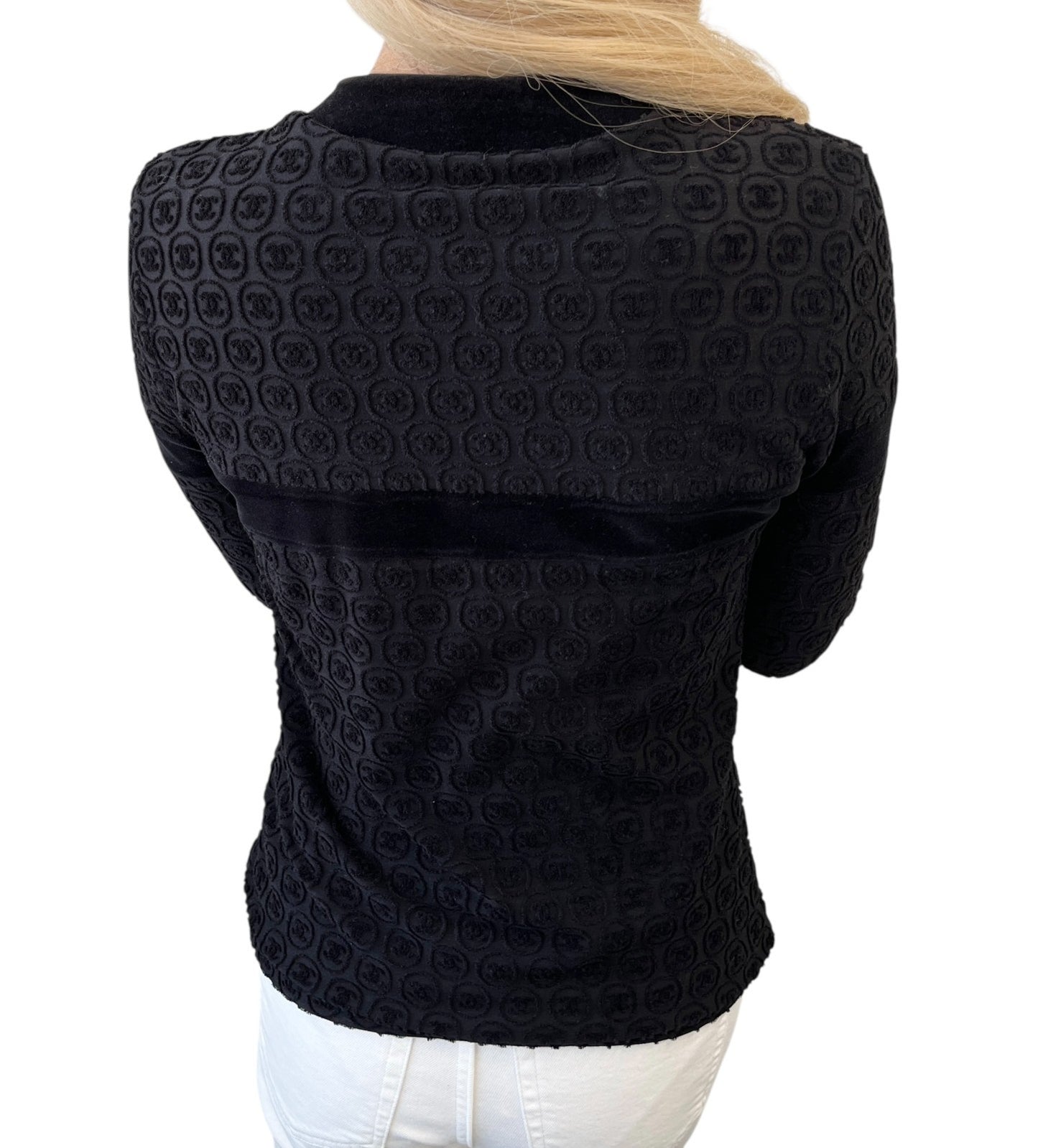 CHANEL Vintage P41364 CC Logo Button Velour Knit Cardigan Jacket #34 Black