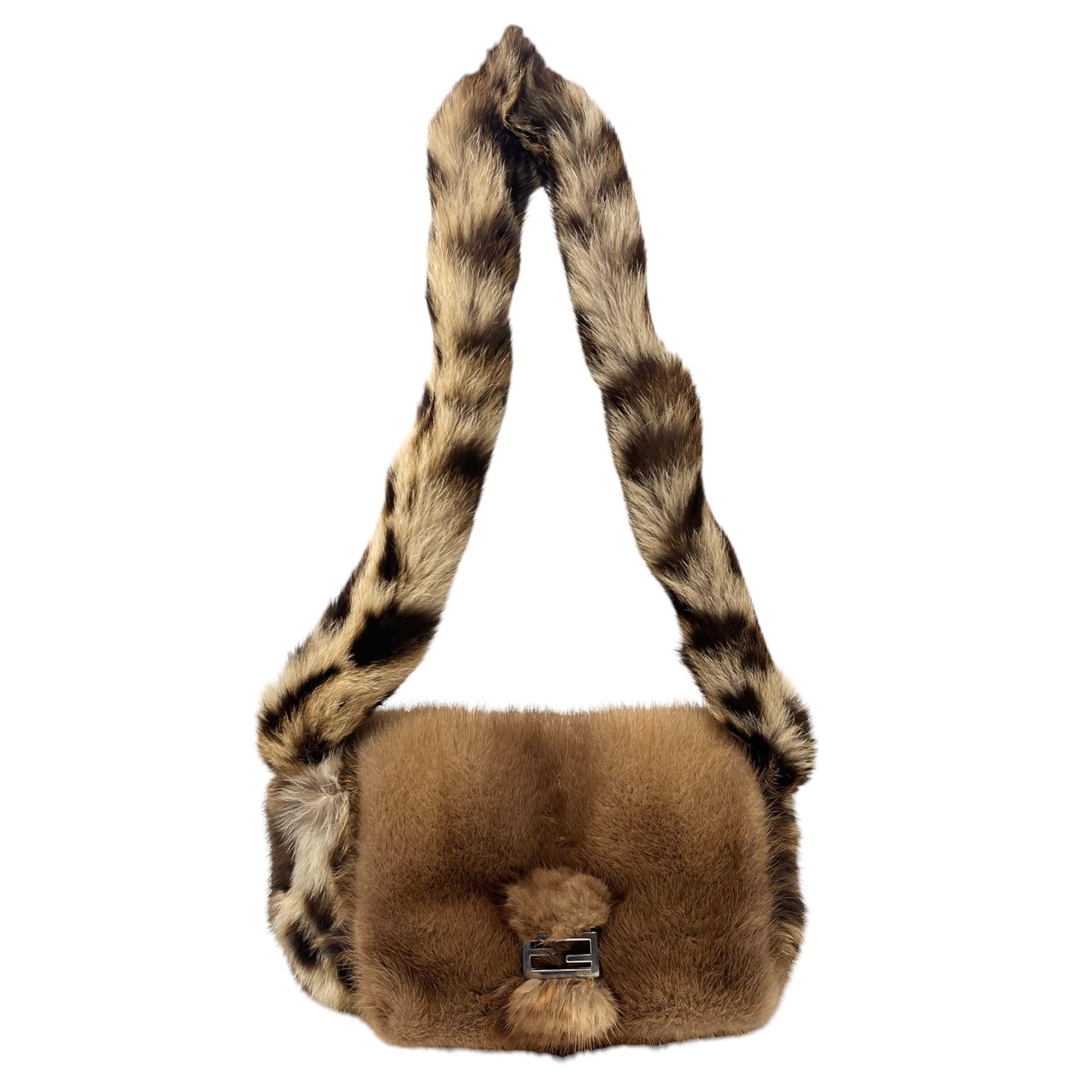 [Exclusive] FENDI Vintage FF Logo Leopard Fur Shoulder Bag Baguette Brown Leather 800002