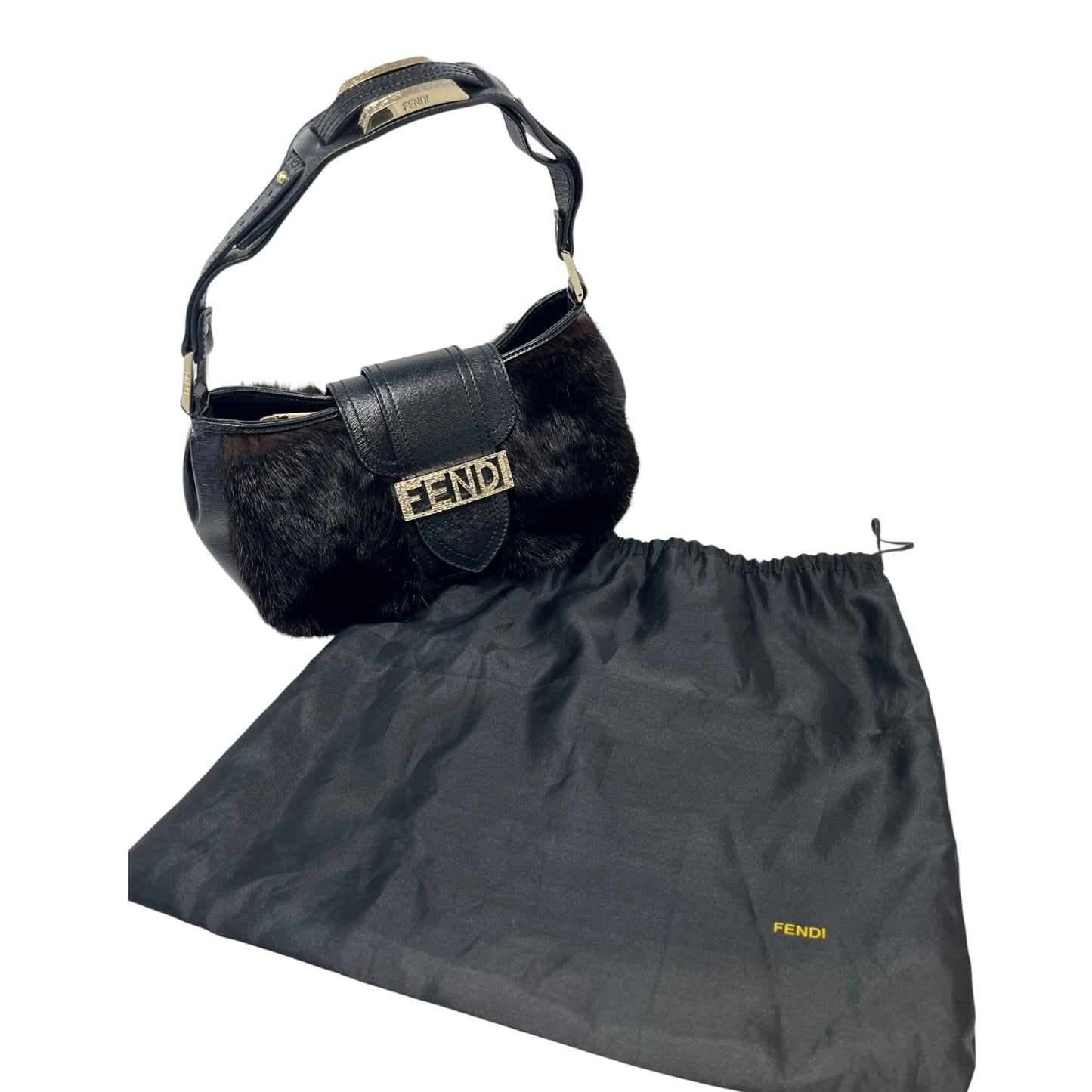 [Exclusive] FENDI Vintage Logo Fur Baguette Mini Shoulder Bag Black Gold 800001