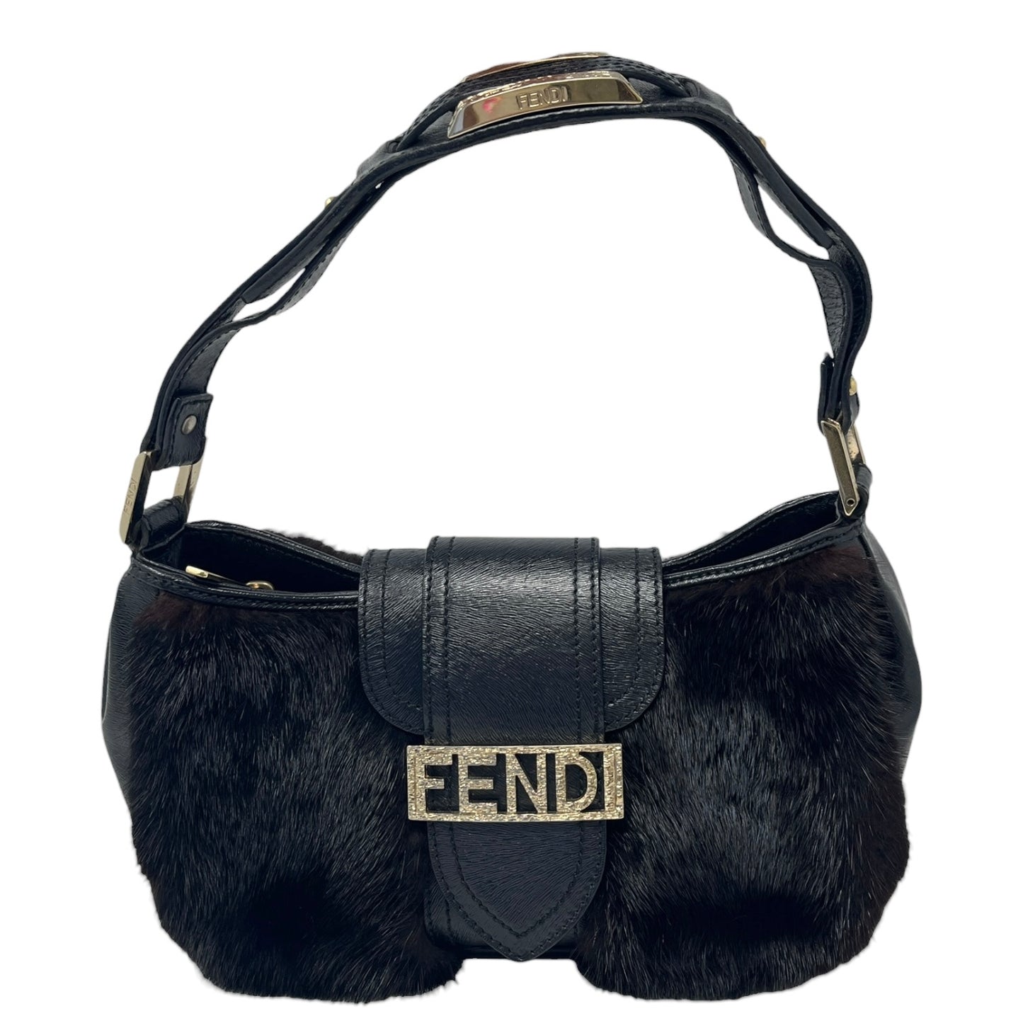 [Exclusive] FENDI Vintage Logo Fur Baguette Mini Shoulder Bag Black Gold 800001