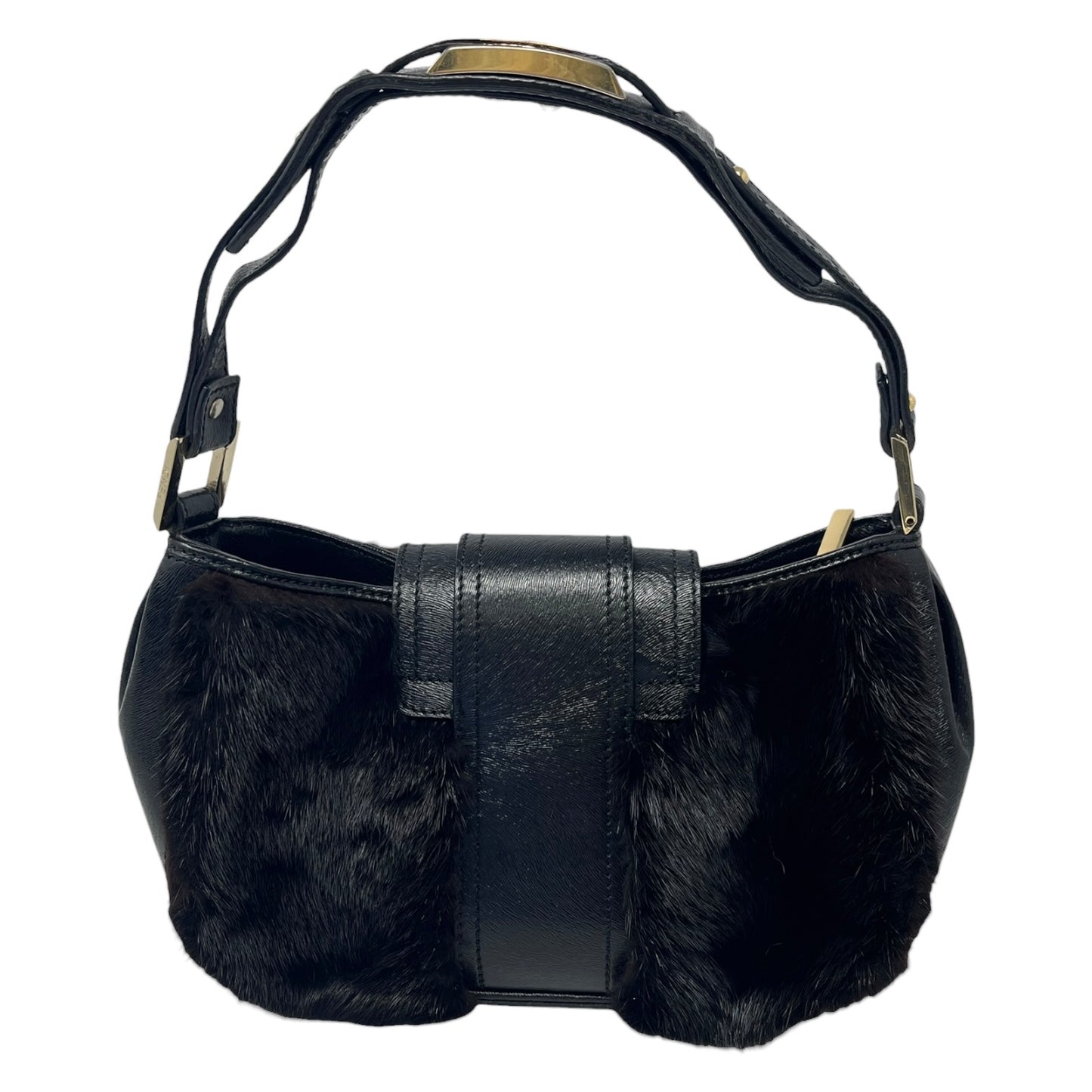 [Exclusive] FENDI Vintage Logo Fur Baguette Mini Shoulder Bag Black Gold 800001