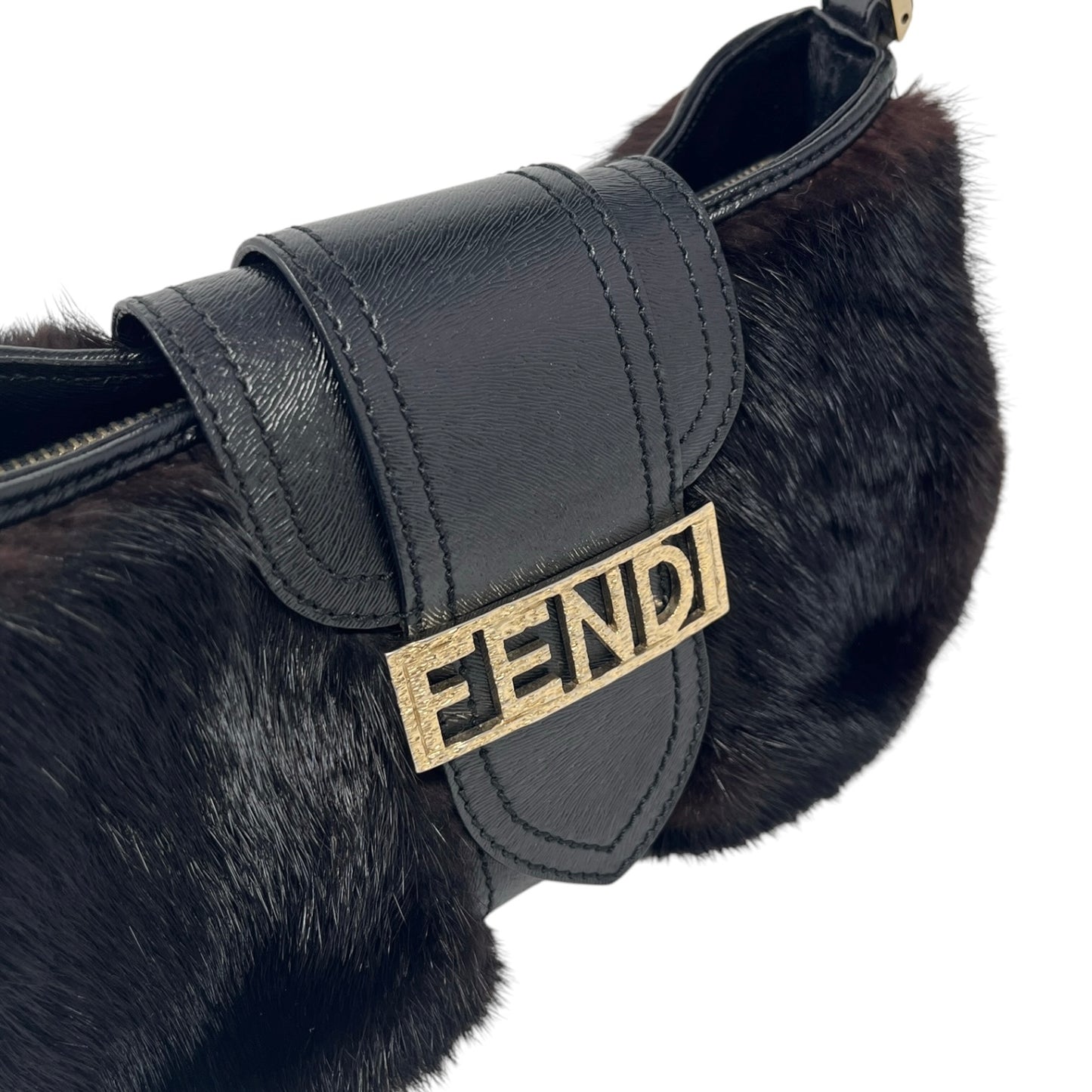 [Exclusive] FENDI Vintage Logo Fur Baguette Mini Shoulder Bag Black Gold 800001