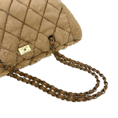 CHANEL Vintage CC Logo Fur Chain Shoulder Bag Beige Brown Leather 800811