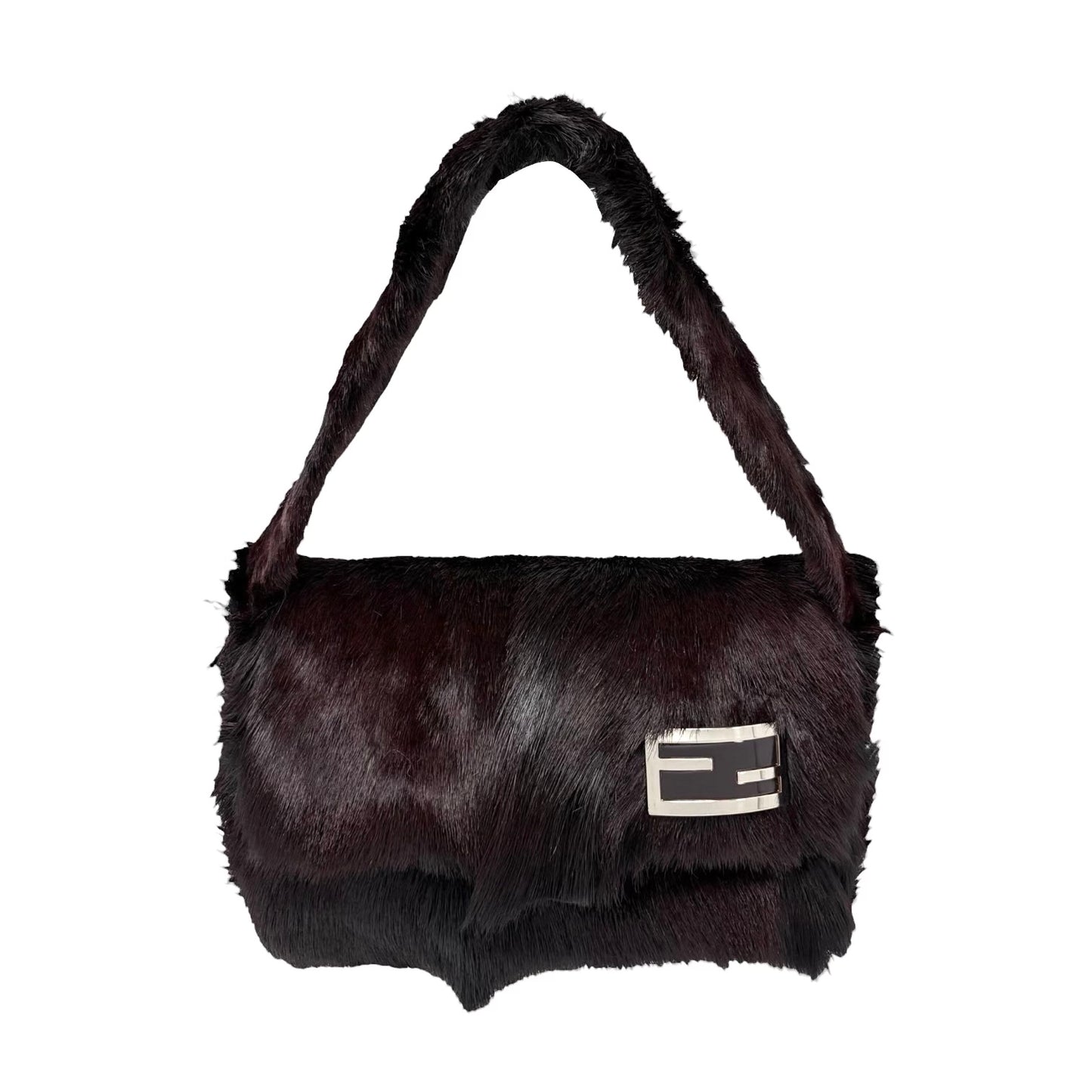 【Exclusive】FENDI Vintage FF Logo Mamma Baguette Fur Shoulder Bag Brown Silver 800205
