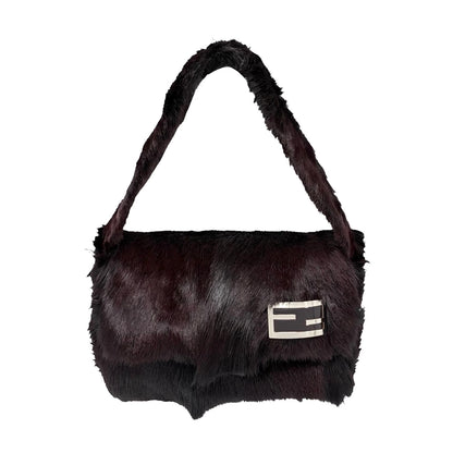 [Exclusive] FENDI Vintage FF Logo Mamma Baguette Fur Shoulder Bag Brown Silver 800205