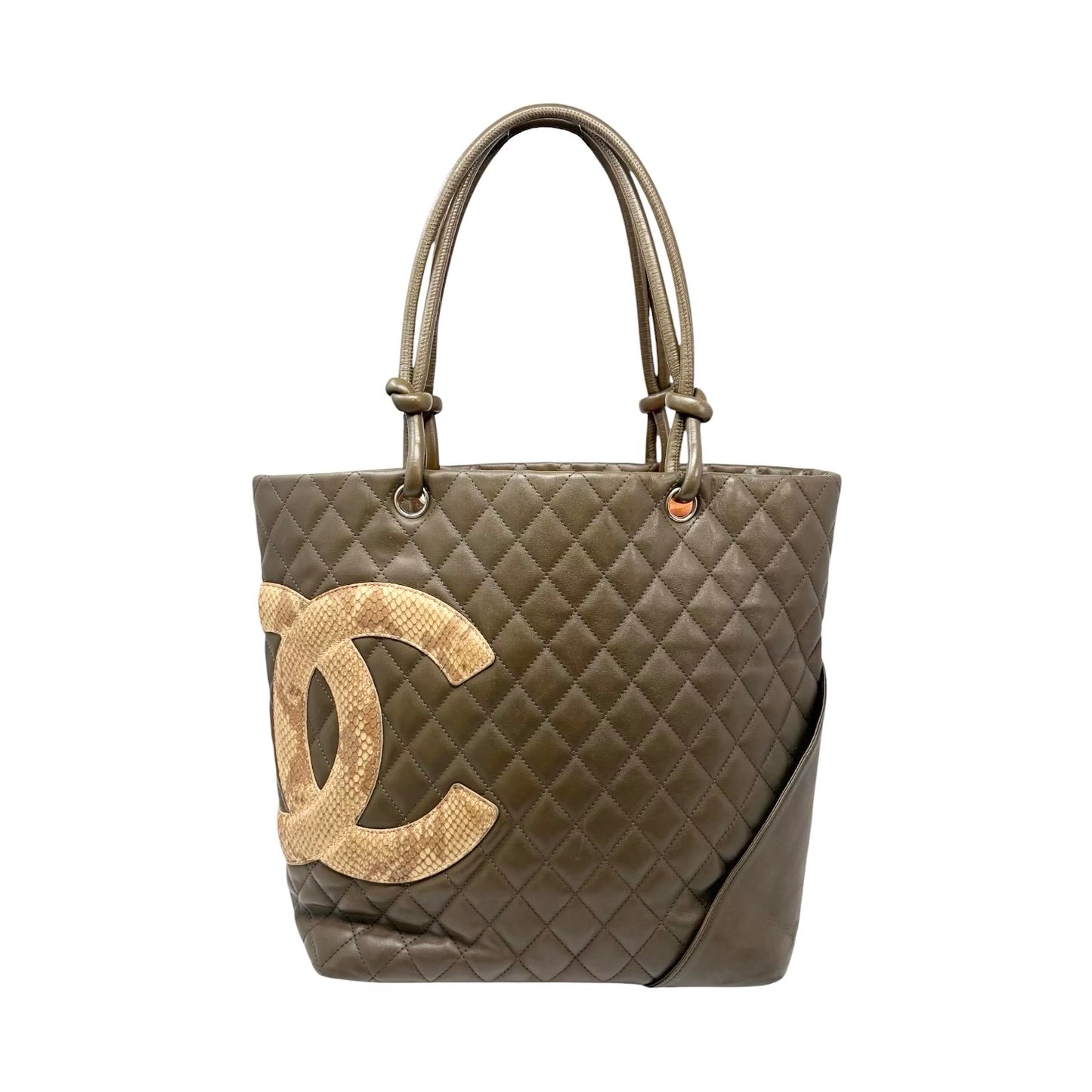 【Exclusive】CHANEL Vintage Cambon Line CC Logo Python Shoulder Tote Bag Khaki Beige 800207