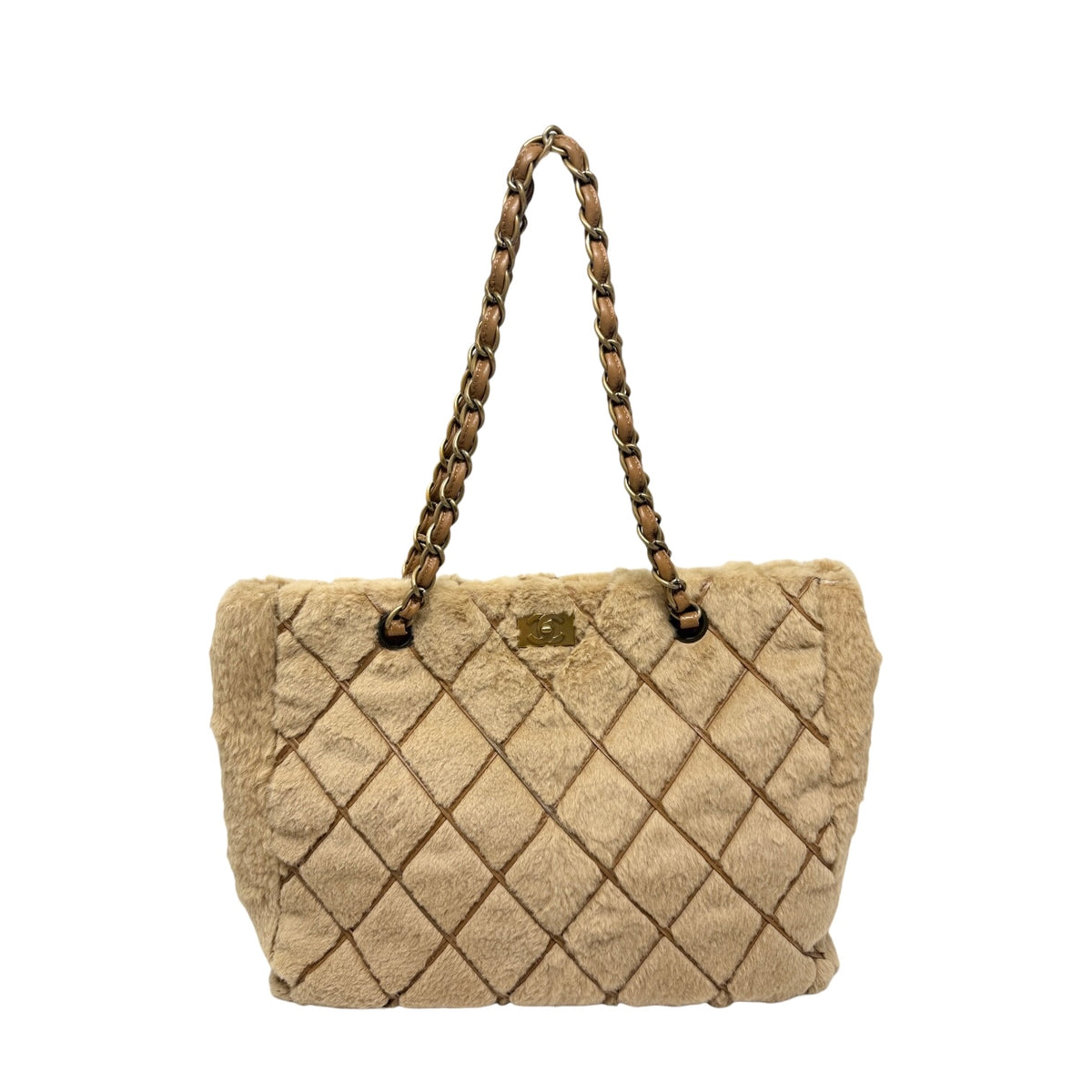 CHANEL Vintage CC Logo Fur Chain Shoulder Bag Beige Brown Leather 800811